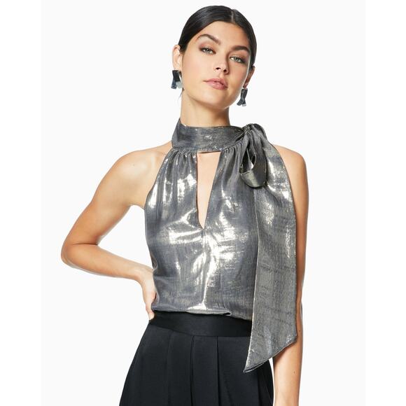 Ramy Brook Sasha Metallic Tie-Neck Sleeveless Top - XS - Platinum - Picture 1 of 3